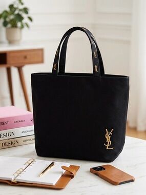 YSL Saint Laurent Beaute Black Canvas Tote Bag Gold Logo Minimalist Luxury Chic